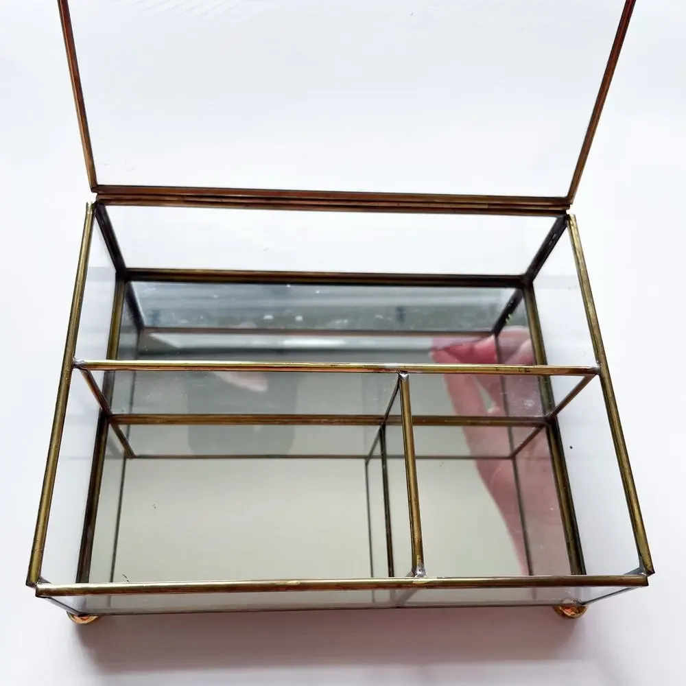 Vintage Brass Etched Glass Mirrored Footed Jewelry or Trinket Box Hinged Lid
